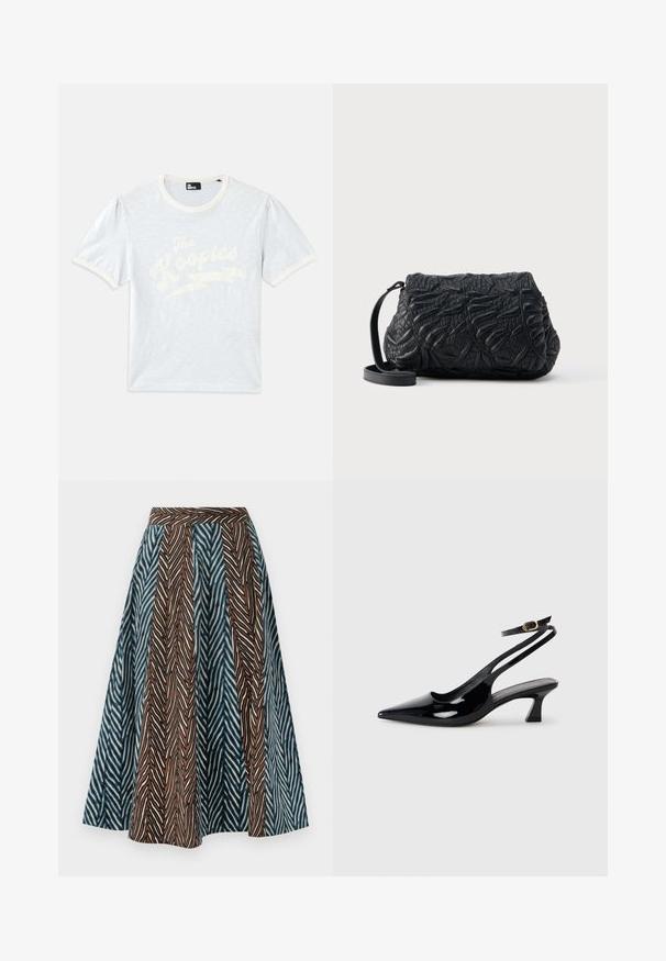 T-shirt bleu clair à manches courtes avec un col crème et des manches bouffantes, arborant le texte blanc "The Kooples" avec un design d'éclair.; Jupe midi marron et bleue avec un motif zigzag, un design plissé et une taille ajustée. Fabriquée en tissu léger.; Escarpins à brides arrière en cuir verni noir, à bout pointu, avec un petit talon carré et une sangle de cheville ajustable dotée d'une boucle dorée.; Sac bandoulière en cuir noir avec des motifs abstraits en relief texturés et une fine sangle réglable sur un fond uni.