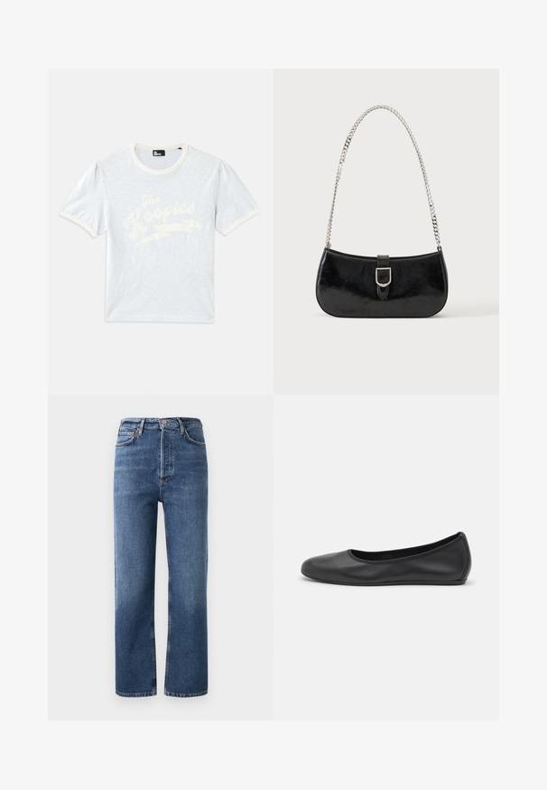 Lichtblauwe t-shirt met korte mouwen en een crèmekleurige kraag, met opgeblazen mouwen, featuring witte tekst "The Kooples" met een bliksemschichtontwerp.; Hoge taille blauwe spijkerbroek van denim, met een rechte pijp, vijf zakken en koperkleurige hardware. Glad textuur en klassiek ontwerp.; Zwarte leren ballerina met een ronde neus, gladde textuur, minimale stikdetails en een flexibele zoolontwerp.; Zwarte lakleren schoudertas met een zilveren gespdetail en een zilveren kettingriem, getoond tegen een effen lichte achtergrond.
