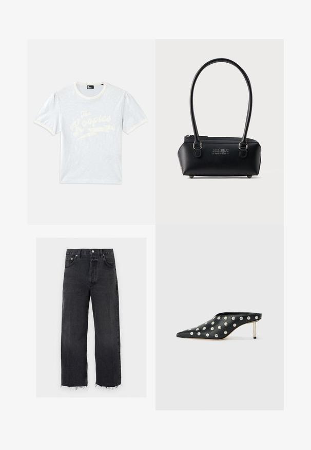 Lyseblå t-shirt med korte ærmer, cremefarvet krave og puffede ærmer, prydet med hvid tekst "The Kooples" og lyn-design.; Sorte jeans med høj talje og vide ben med rå kant, forreste knap, lynlås lukning og design med fem lommer.; STAND STUDIO KELSEY - Mules med hæl - black; Sort rektangulær læderhåndtaske med dobbelte afrundede håndtag, lynlås i toppen og hvidt numerisk logo placeret midt på fronten.
