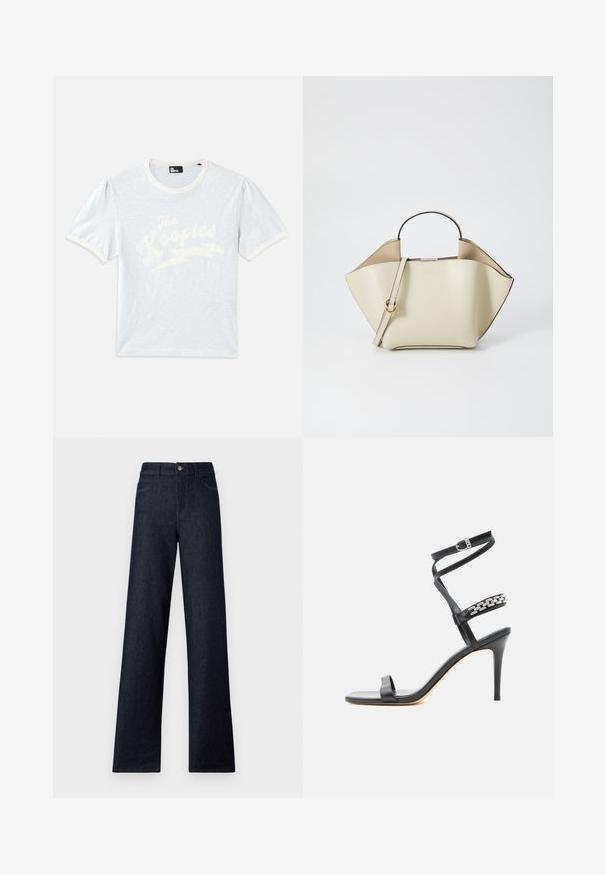 Svetlomodré tričko s krátkym rukávom a krémovým golierom, s vypučanými rukávmi, s bielym textom "The Kooples" a dizajnom blesku.; Tmavé džínsy s vysokým pásom a širokými nohavicami, s piatimi vreckami, zapínaním na gombík a kontrastným prešívaním. Hladký povrch bez vzorov.; Čierna sandála na vysokom opätku s úzkym remienkom okolo členka, remienkom v strede chodidla ozdobeným striebornými reťazovými článkami a otvorenou špičkou.; Ree Projects ANN - Kabelka - beige
