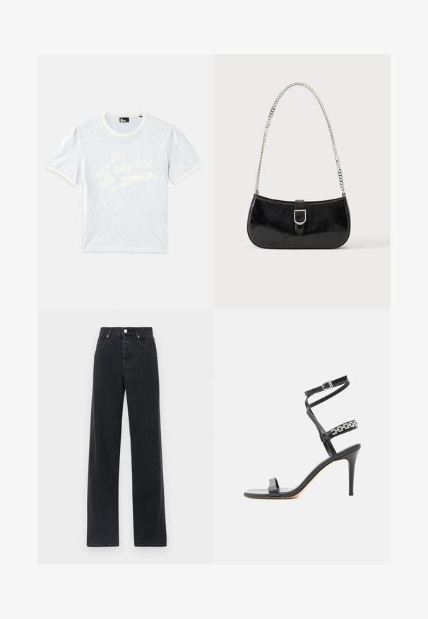 Himmelblaues Kurzarm-T-Shirt mit cremefarbenem Kragen und gepufften Ärmeln, mit weißem Text "The Kooples" und Blitzdesign.; Schwarze Jeans aus Denim mit hoher Taille, geradem Schnitt, fünf Taschen, sichtbarer Naht und Metallknopfverschluss.; Schwarze Sandalette mit hohem Absatz, schlankem Knöchelriemen, Mittelriemen verziert mit silbernen Kettengliedern und offenem Zehendesign.; Schwarze Schultertasche aus Lackleder mit silberner Schnalle und silbernem Kettenriemen, auf hellem einfarbigen Hintergrund präsentiert.