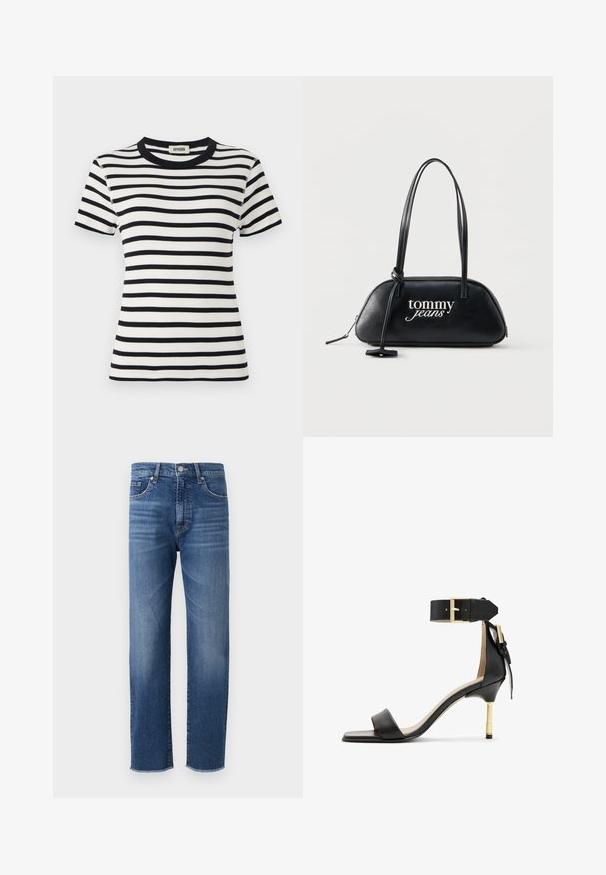 Sort-hvid stribet kortærmet t-shirt med rund ribbet halsudskæring og tætsiddende design. Stoffet ser struktureret og strækbart ud.; Blå denimjeans med straight-leg design, featuring en falmet finish, fem-lomme styling og en frynset kant.; Sort læder hæl sandal med firkantet tå, ankelrem med en guldbuckle og en slank metallisk hæl. Glat tekstur, minimalistisk design.; Sort skuldertaske i læder med lange håndtag, "tommy jeans"-logo i hvid og knyttet stropdetalje på ensfarvet baggrund.