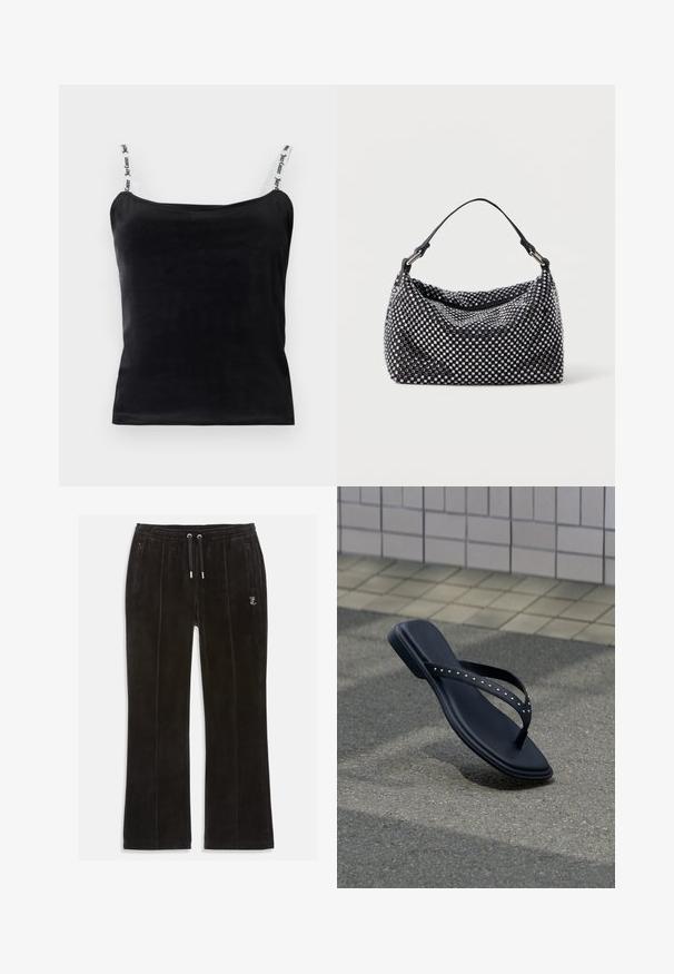 Débardeur noir côtelé avec bretelles ajustables, orné de détails de marque blancs. Texture lisse et design ajusté.; Pantalons de survêtement en velours noir à la texture douce, dotés d'une taille élastique avec cordons de serrage et de deux poches latérales. Détail de logo discret présent.; Sandale noire de type tong avec des brides cloutées suspendue au-dessus du pavé en asphalte près du bord d’un mur carrelé.; Sac noir et argent avec une surface tissée et texturée présentant des motifs carrés, une seule poignée supérieure et un design décontracté.