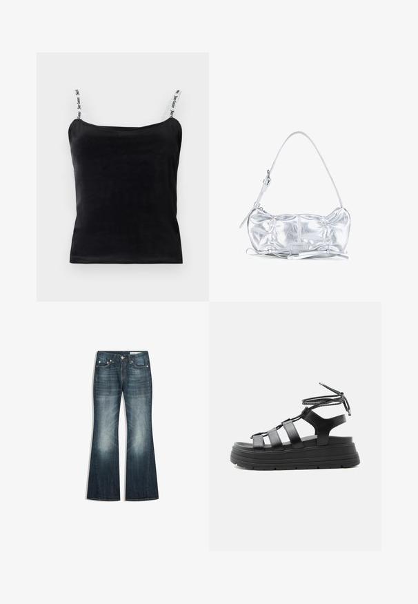 Schwarzes geripptes Tanktop mit verstellbaren Trägern und weißen Marken-Details. Glatte Textur und körpernahe Passform.; Dunkelblaue Bootcut-Jeans mit verwaschenen Bereichen an Oberschenkeln und Knien, Fünf-Taschen-Design und Metall-Knopfleiste.; Schwarze Plateausandale mit dicker Sohle, mehreren horizontalen Riemen und einer Wickelbindung am Knöchel vor einfachem hellem Hintergrund.; Silberne metallic Schultertasche mit gerafftem Design, verstellbarem Träger und dekorativen Schleifendetails vor weißem Hintergrund.