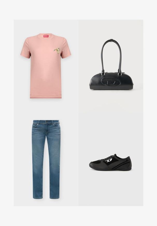 T-shirt Diesel rose clair à manches courtes avec un petit motif floral et la lettre D sur le côté gauche de la poitrine, et une étiquette de marque rouge à l'intérieur du col.; Jean denim bleu droit avec poches avant, passants pour ceinture et fermeture par bouton, présenté sur un fond clair.; Chaussures de sport noires avec tige en daim et synthétique, dotées d'un design texturé, d'un bout arrondi et d'une semelle plate. Accent logo argenté sur le côté.; Sac à main en cuir noir avec longues poignées doubles et logo ovale embossé sur le devant, présenté sur un fond clair uni.