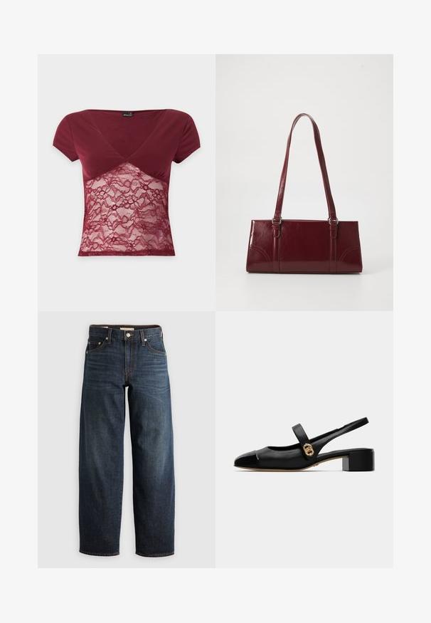 Bordeauxrood kortemouwen top met diepe V-hals en een bloemenkantpaneel dat het midden bedekt, tegen een witte achtergrond.; Donkerblauwe jeans van denim, met een recht model, vijf-pocketstijl en stiksels met een knoopsluiting.; Zwarte leren slingback schoen met een ronde neus, met een glanzende voorkant en een gouden accent op de band, bevestigd met een kleine blokhak.; Bourgondische handtas van glanzend materiaal, rechthoekige vorm, met twee schouderbanden en subtiele gebogen accenten aan de voorkant.