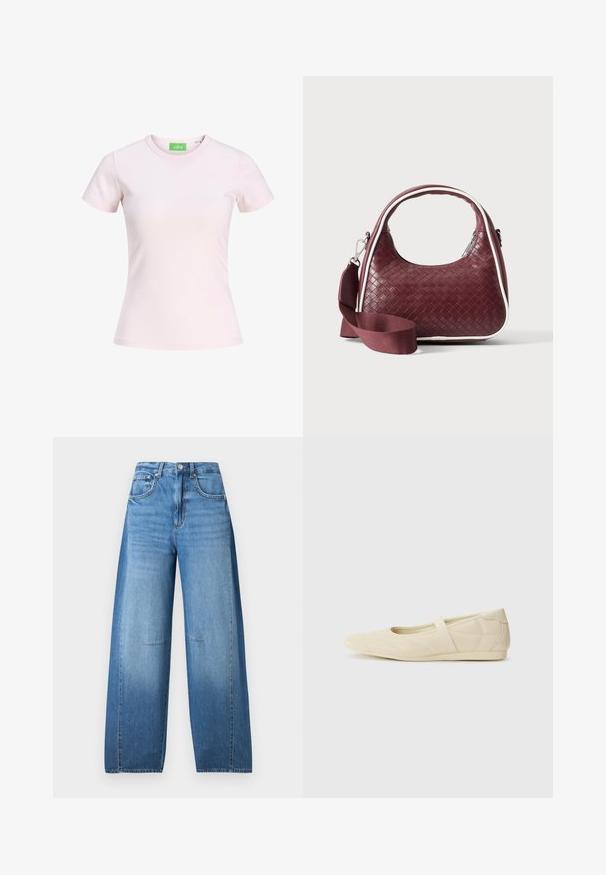 Camiseta ajustada de manga corta y cuello redondo de color rosa claro liso con una etiqueta verde dentro del cuello que muestra el nombre de la marca JJXX.; Jeans de talle alto y pierna ancha en denim azul claro con un efecto desgastado, que cuentan con cierre de botón, cinco bolsillos y detalles de costura.; Bailarinas beige con un exterior de cuero liso, punta en forma de almendra y una correa elástica en el empeine, con detalles de costura sutiles.; Bolso de mano de cuero tejido color granate con asa curva, ribete blanco, cremallera plateada y correa desmontable de tela ancha para el hombro sobre fondo liso.