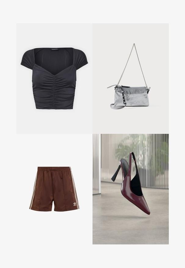 Even&Odd T-Shirt basic - black; Braune Sportshorts aus glattem Stoff mit lockerer Passform, die weiße seitliche Streifen und ein besticktes Logo am unteren linken Saum aufweisen.; Glänzender dunkelroter Slingback mit hohem Absatz, spitzer Zehenform und schwarzer Innenfütterung, schwebt über einem glatten Betonboden im Innenraum.; Silberne metallische Clutch-Tasche mit strukturiertem Finish, Kunststoffreißverschluss und abnehmbarem Ketten-Schultergurt. Mit einem kleinen Logoprägung.