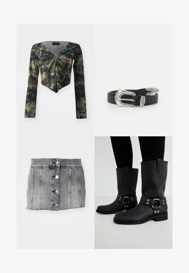Langærmet, cropped top i grøn og sort camouflagemønster, med V-hals og knudedetalje foran, lavet af et struktureret stof.; Grå denimskørt med høj talje, fem sølvknapper, lodrette syninger og rå kant. Har en tætsiddende silhuet og en blød tekstur.; ONLY SHOES ONLBAX - Cowboy- / bikerstøvler - black; Sort læderbælte med en stor sølvmetalspænde, der har indviklede detaljer og dekorative accenter i begge ender.
