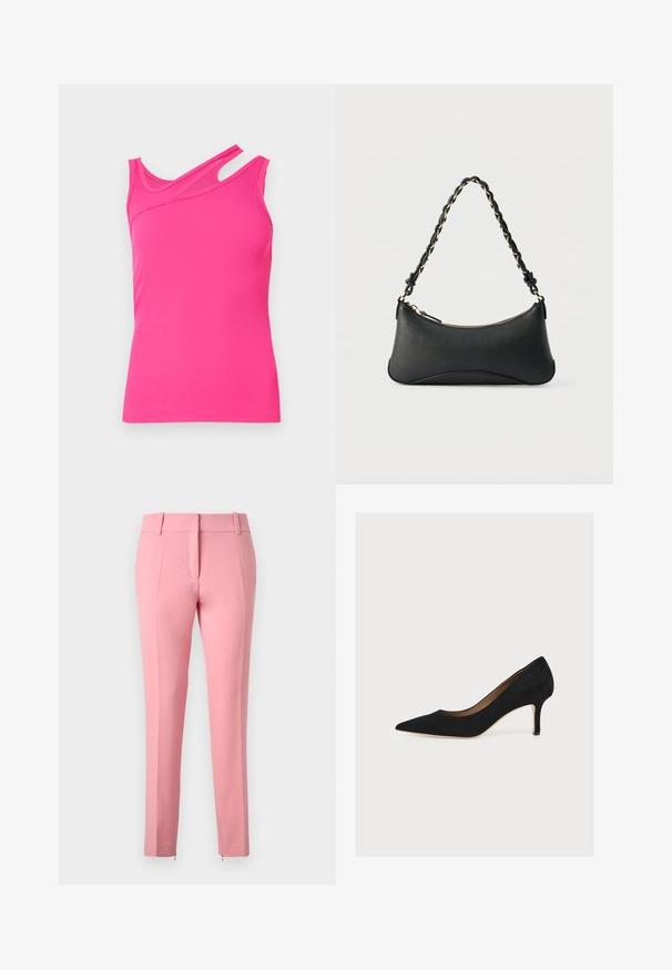 Roze geribbelde tanktop met een asymmetrische halslijn en schouderuitsnijding. De stof heeft een soepele textuur en een getailleerd ontwerp.; Rosa op maat gemaakte broeken met een gladde textuur, rechte benen en een ritsdetail aan de zoom. Voorzien van riemlussen en een platte voorkant.; Zwarte suède pump met puntige neus, middenhoge naaldhak en tan binnenzool op een lichte achtergrond.; Zwarte lederen schoudertas met een gebogen rechthoekige vorm, gouden ketting verweven in een gevlochten zwarte band, en een ritssluiting bovenop.