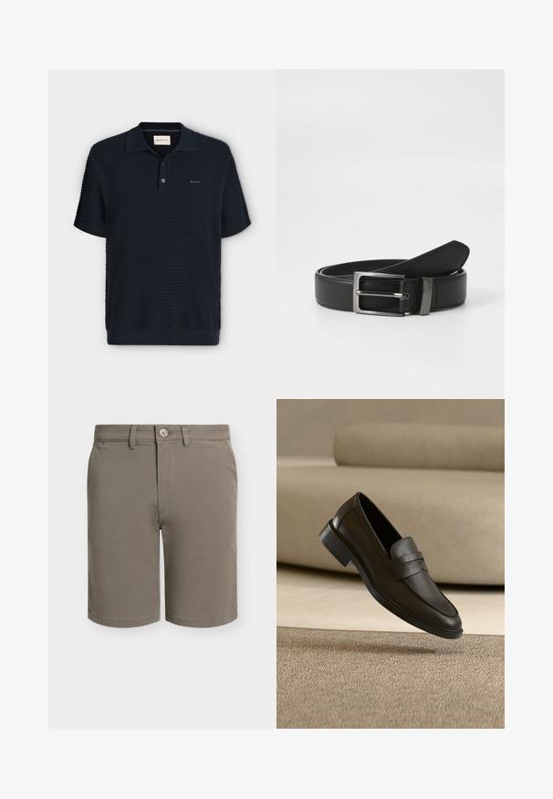 Polo bleu marine à manches courtes en tissu texturé, patte à deux boutons et petit logo GANT sur la poitrine gauche.; Shorts pour hommes de couleur taupe, longueur au genou, avec fermeture à boutons, passants pour ceinture et poches latérales, présentés sur un fond blanc.; Chaussure loafer en cuir noir reposant sur un tapis beige avec un canapé beige courbé en arrière-plan.; Ceinture en cuir noir avec une boucle en métal argenté, présentant une finition lisse et un design classique. La ceinture est soigneusement pliée.