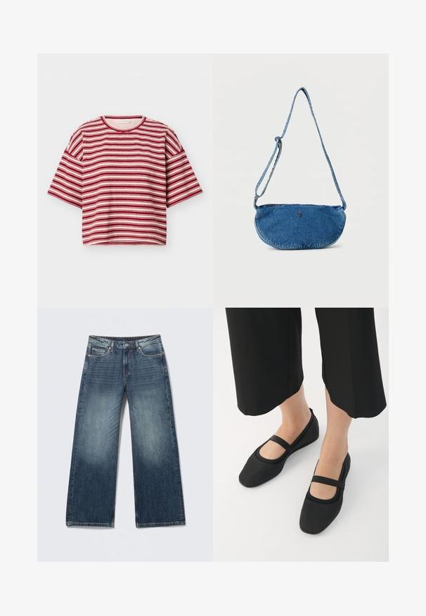 T-shirt met korte mouwen en een ronde hals, voorzien van horizontale rood-witte strepen en een relaxte pasvorm.; Blauwe jeans met brede pijpen, voorzien van een knoop- en ritssluiting, voor- en achterzakken, en vervaagde waseffecten op de dijen en knieën.; Zwarte ballerina's van glad materiaal, met een ronde neus en een contrasterende band over de wreef. Plat zool, minimalistisch ontwerp.; Blauwe denim crossbodytas met verstelbare riem en klein metalen logo aan de voorkant, weergegeven tegen een witte achtergrond.