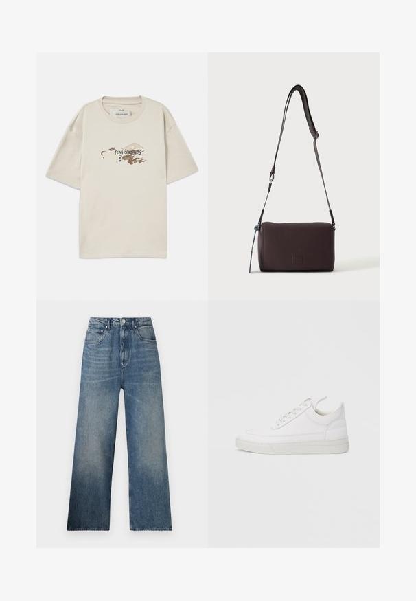 Beige kortærmet t-shirt lavet af bomuld, med et grafisk design af skyer og et øje, mærket "FENG CHEN WANG" i stiliseret tekst.; Blå denim bredbenede jeans med høj talje, subtilt slid, fem lommer og metalknaplukning foran.; Hvid lædersneaker med rundet tå, flad sål og snørebånd foran. Har syningsdetaljer og polstret krave for komfort.; Mørkebrun textured læder crossbody taske med justerbar rem og lille dekorativ blå accent på siden.