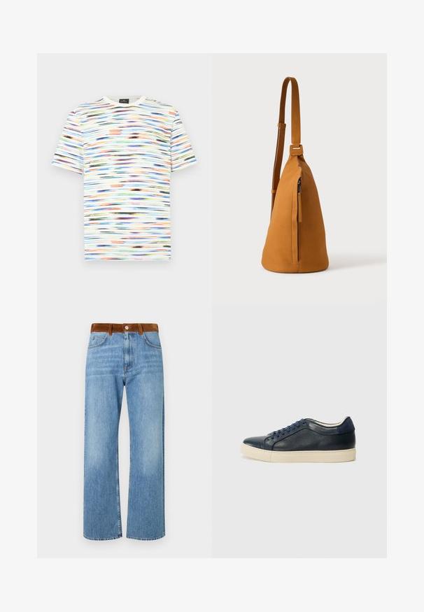 Mehrfarbiges T-Shirt mit horizontalen Pinselstrichmustern in Blau-, Orange-, Grün- und Schwarztönen auf weißem Hintergrund. Kurze Ärmel.; Helle blaue Denim-Jeans im geraden Bein-Design, mit einem braunen Wildlederbund, vorderen Taschen und einem Reißverschluss.; Dunkelblaues Leder-Sneaker mit cremefarbener Gummisohle, ausgestattet mit blauen Schnürsenkeln und einer glatten Textur. Abgerundete Zehenpartie und minimalistisches Design.; Hellbraune Leder-Umhängetasche mit verstellbarem Trageriemen und vertikaler Reißverschlusstasche, von der Seite vor hellem, einfarbigem Hintergrund gezeigt.