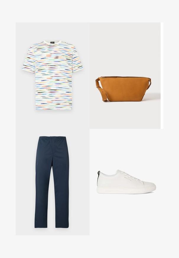 Camiseta multicolor con patrones horizontales de pinceladas en tonos de azul, naranja, verde y negro sobre un fondo blanco. Mangas cortas.; Pantalones azul marino, ligeros, con cintura elástica y piernas rectas. Textura suave sin patrones o adornos visibles.; Zapatilla de cuero blanca con puntera redondeada, suela de goma plana y costuras en tono. Presenta un cierre con cordones en la parte delantera y una lengüeta en el talón de color negro.; Bolso bandolera de cuero marrón claro con correa ajustable y cierre de cremallera, mostrado sobre un fondo claro y liso.