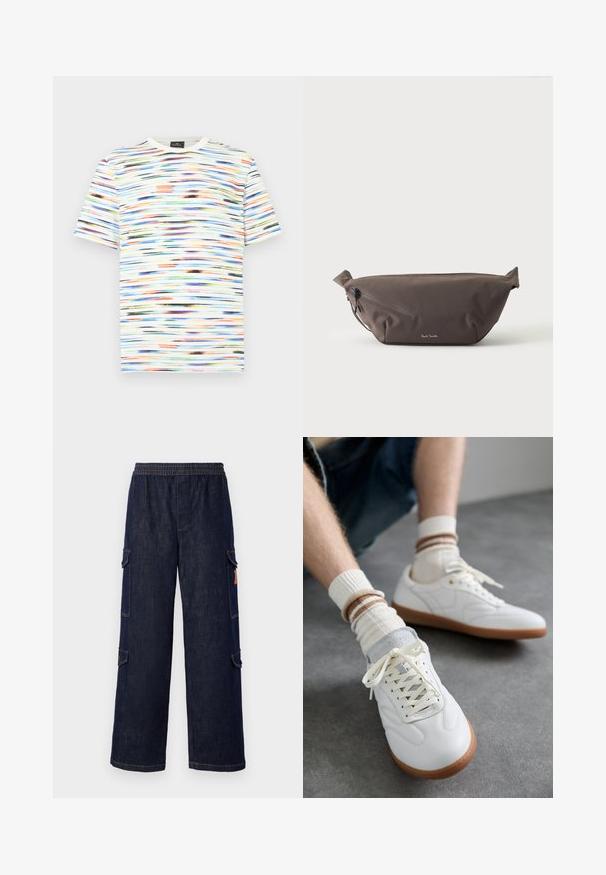 Mehrfarbiges T-Shirt mit horizontalen Pinselstrichmustern in Blau-, Orange-, Grün- und Schwarztönen auf weißem Hintergrund. Kurze Ärmel.; Dunkelblaue Denim-Cargo-Hosen mit einem entspannten Schnitt, ausgestattet mit einem elastischen Bund, Seitentaschen und kontrastierenden Nähdetails.; Weiße Ledersneaker mit glatter Textur, grauen Wildlederelementen, beigen Gummisohlen und flachen Schnürsenkeln. Kombiniert mit cremefarbenen und braun gestreiften Socken.; Dunkelbraune Stoff-Gürteltasche mit diagonalem Reißverschlussfach und kleinem weißen Logo vorne, vor einem einfarbigen hellen Hintergrund.