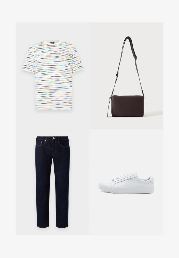 Meerjarige T-shirt met horizontale penseelstreekpatronen in tinten blauw, oranje, groen en zwart op een witte achtergrond. Korte mouwen.; Donkerblauwe denim jeans met een recht model, voorzien van oranje stiksels, vijf zakken en een knoopsluiting aan de voorkant.; Witte leren sneakers met een gladde afwerking, laagmodel ontwerp, ronde neus en platte rubberen zool. Voorzien van platte veters en minimale merkpresentatie.; Donkerbruine gestructureerde leren crossbodytas met verstelbare riem en klein decoratief blauw accent aan de zijkant.