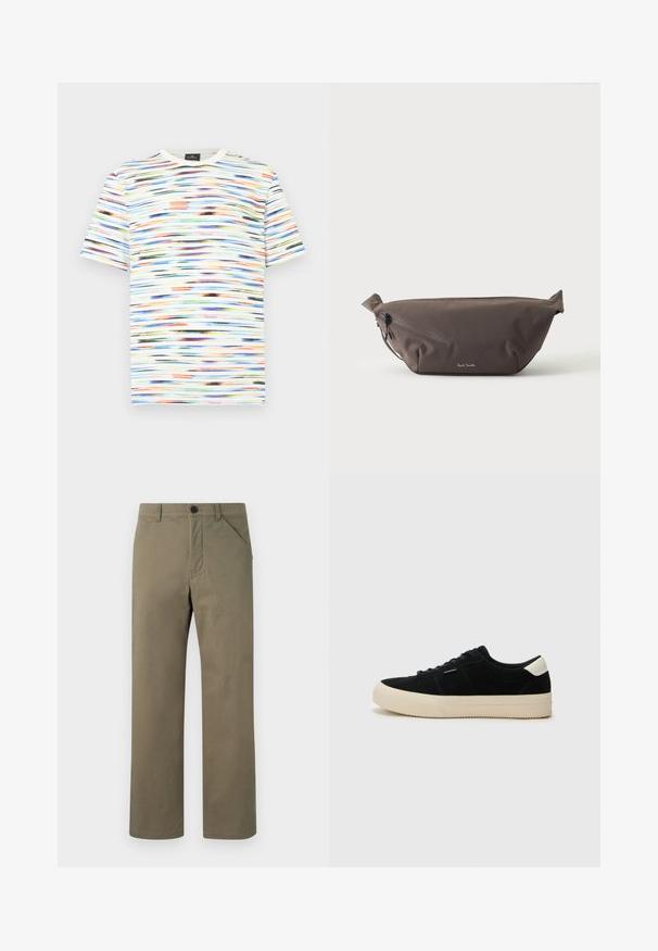 Meerjarige T-shirt met horizontale penseelstreekpatronen in tinten blauw, oranje, groen en zwart op een witte achtergrond. Korte mouwen.; Licht olijfgroene broek van soepel, stevig materiaal. Heeft een knoop- en ritsluiting, zijzakken en een rechte pijpenontwerp.; Zwarte suède sneakers met een dikke beige rubberen zool, ronde neus en zwarte veters. Heeft een witte accent op de hiel. Eenvoudig, klassiek ontwerp.; Donkerbruine stoffen heuptas met diagonale ritssluiting en klein wit logo aan de voorkant, tegen een effen lichte achtergrond.