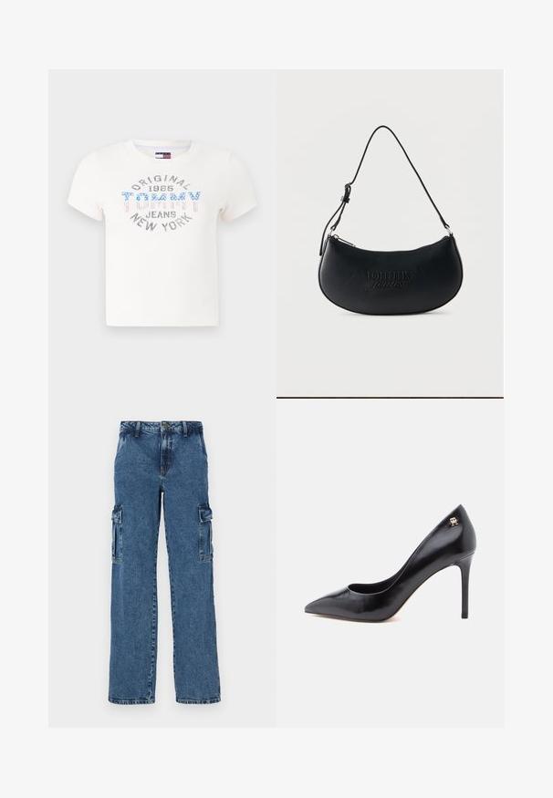 Camiseta blanca de manga corta en tejido acanalado con un escote redondo. Presenta texto gráfico en azul y rojo "ORIGINAL 1985 TOMMY JEANS NEW YORK."; Pantalones cargo de denim azul con un ajuste relajado, que cuentan con dos bolsillos laterales, costuras reforzadas y un diseño de pierna recta.; Zapato de tacón alto de cuero negro con punta puntiaguda, con un diseño recortado y un pequeño detalle de logo dorado en el talón.; Bolso negro con forma de media luna, con una correa larga, logo "tommy jeans" en relieve y cierre de cremallera en la parte superior.