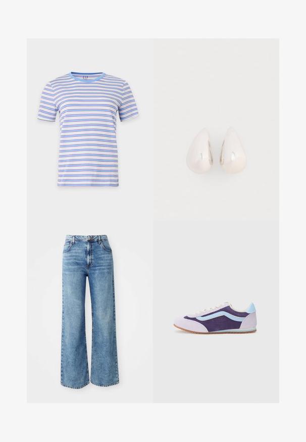 Kortærmet T-shirt med vandrette blå, hvide og røde striber, blå krave, liggende fladt mod en ensfarvet hvid baggrund.; Lysblå denim bredbente jeans med høj talje, der har fem lommer, knaplukning øverst og kontrastsyninger langs sømmene.; Lilla og lyseblå ruskindsneakers med lav profil, der har et struktureret design, kontrasterende zigzag-detaljer og en gummisål.; Sølvmetal dråbeøreringe med en glat, reflekterende overflade og tåreform, der har et sammenhængende design uden synlige udsmykninger.