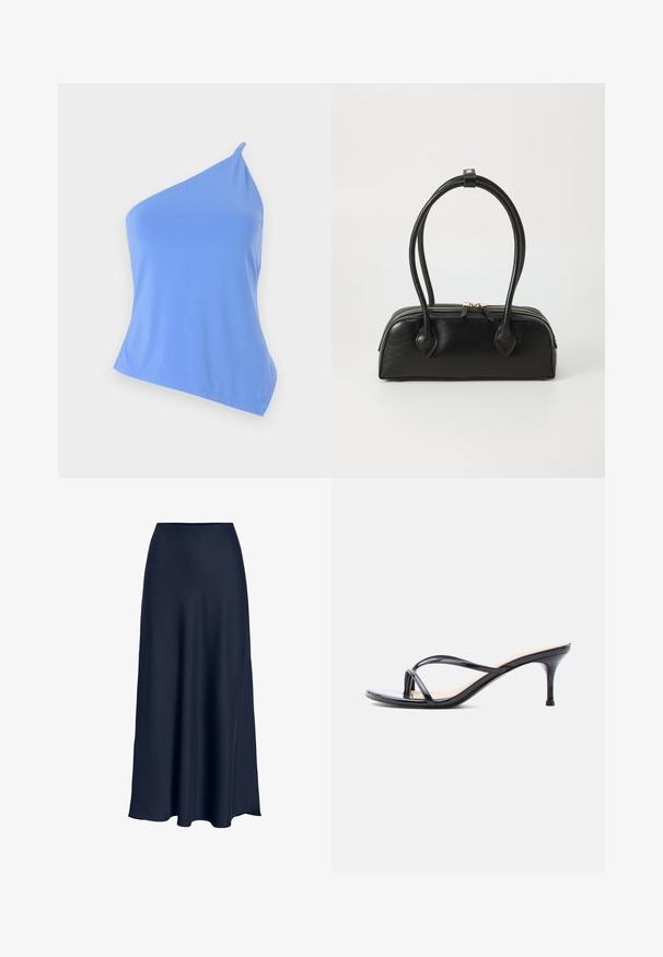 Asymmetrische blauwe top van een gladde stof met één schouderband en een aansluitend ontwerp. Heeft een schone zoomlijn en minimale afwerking.; Navyblauwe satijnen maxirok met een gladde textuur, hoge taille en vloeiende silhouet. Eindigt met een lichte curve aan de zoom.; Zwarte laklederen sandaal met hakken, dunne gekruiste bandjes en een slanke, middelhoog stilettohak op een witte achtergrond.; Zwarte leren handtas met twee verlengde handvatten, ritsluiting en ronde vorm; gladde textuur met subtiele glanzende afwerking.
