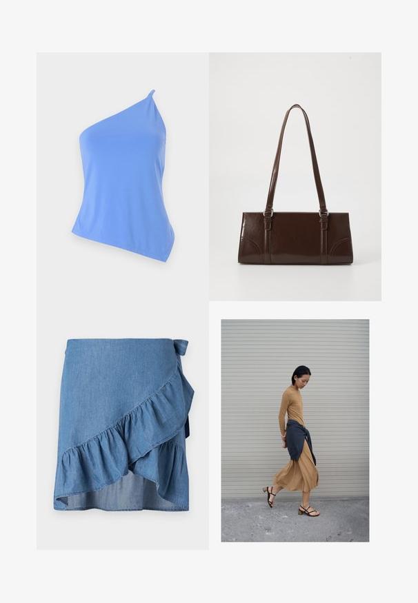 Haut asymétrique bleu en tissu lisse avec une seule bretelle et une coupe ajustée. Présente un ourlet net et un minimum de détails.; Jupe portefeuille en denim bleu clair, avec un ourlet à volants et un détail à nouer à la taille. Texture lisse et silhouette fluide.; Femme marchant en robe longue beige et sandales noires, un pull foncé noué autour de la taille, devant un fond de volet fermé.; Sac à main en cuir verni marron de forme rectangulaire, avec deux longues poignées et des accents courbés subtils à l'avant.