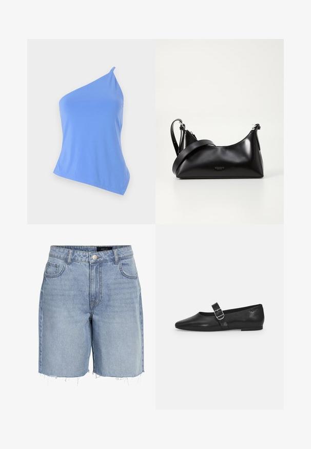 Top azul asimétrico hecho de una tela suave, con una sola tirante en el hombro y un diseño ajustado. Presenta un dobladillo limpio y un detalle mínimo.; Pantalones cortos de mezclilla azul claro con cintura alta, cinco bolsillos, dobladillo deshilachado y un cierre clásico de botón. Hechos de una suave tela texturizada.; Zapato plano de cuero negro con punta redondeada, una sola correa ajustable con hebilla y una textura suave y brillante. Diseño minimalista con un tacón bajo.; Bolso de mano de cuero negro con una textura suave. Cuenta con una correa ajustable y un diseño elegante y minimalista con cierre de cremallera.