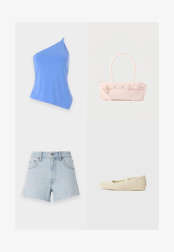 Asymmetrisk blå top i glat stof med en enkelt skulderstrop og en tætsiddende pasform. Har en ren kant og minimal udsmykning.; Lyseblå denimshorts med høj talje, frynsede kanter og fem lommer. Har metalknap og kontrastsying.; Lysebrune ballet flats med en glat læderoverflade, mandelformet tå og elastisk rem over vristen, med diskrete syninger.; Lyserød rektangulær håndtaske med dobbelte håndtag, dekorativ sløjfe, metalnitter og lille hjerteformet vedhæng på en ensfarvet baggrund.