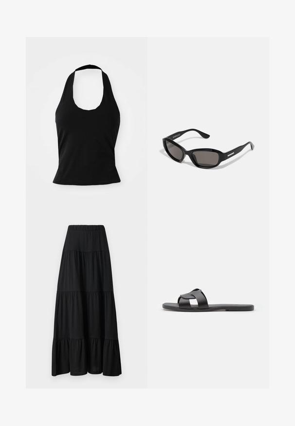 Μαύρο halter top από μαλακό ύφασμα, με στρογγυλή λαιμόκοψη και εφαρμοστή σιλουέτα, με λεία υφή και χωρίς ορατά σχέδια.; Μαύρη μακριά φούστα σε στρώσεις με μαζεμένη μέση, ρέουσα σχεδίαση και λεία υφή. Διαθέτει τρία ξεχωριστά στρώματα από ύφασμα.; Μαύρο σανδάλι με σχέδιο σταυρωτής ζώνης, επίπεδη σόλα, ματ υφή και μινιμαλιστικό προφίλ. Κατάλληλο για καθημερινή χρήση.; Μαύρα γυαλιά ηλίου με ορθογώνιο σκελετό, σκούρους φακούς, λεία πλαστική υφή και μεταλλική λεπτομέρεια στο βραχίονα.