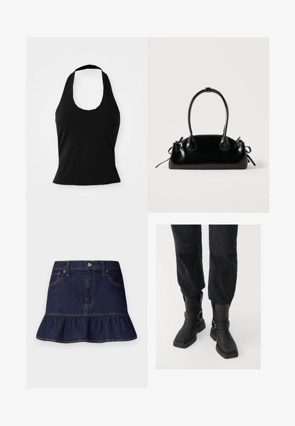 Sort halterneck top lavet af blød stof, med en scoop halsudskæring og en tætsiddende silhuet, med en glat tekstur og uden synlige mønstre.; Mørk denimnederdel med volangkant, femlommesdesign, bæltestropper og lukning med knap foran. Glat tekstur og lige snit.; Sorte læder ankelstøvler med firkantet tå, der har en bred rem og metallisk spænde detalje. Støvlerne har en chunky sål og en glat overflade.; Lille sort blank håndtaske med to lange håndtag og snøre-detaljer i siden på en ensfarvet lys baggrund.