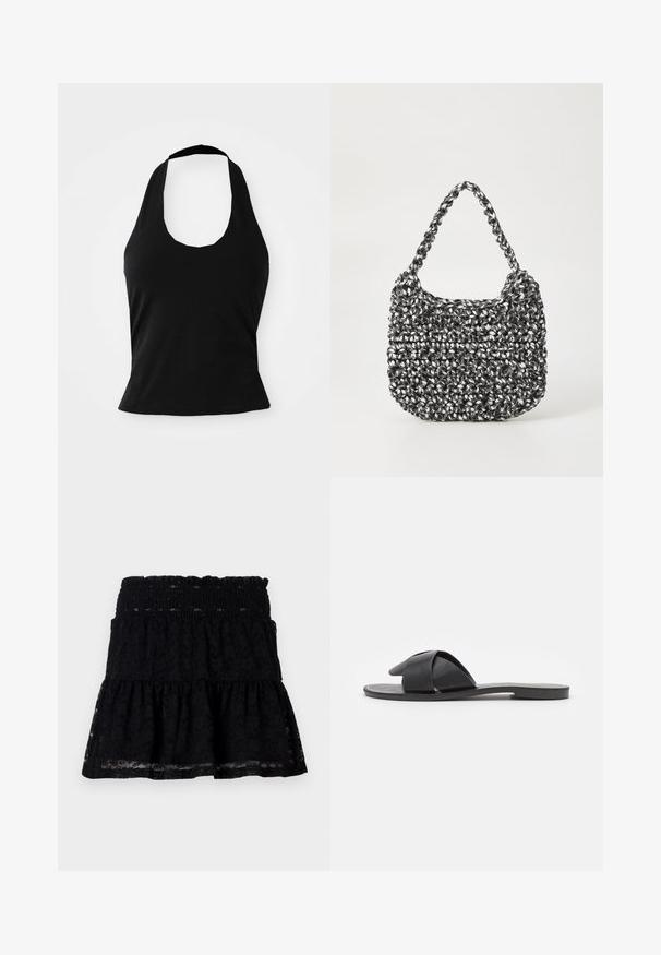 Haut halter noir en tissu doux, avec un col rond et une silhouette ajustée, à la texture lisse et sans motifs visibles.; Jupe en dentelle noire avec une taille élastique. Caractéristiques d'un design évasé et à plusieurs niveaux, avec une texture transparente, créant une apparence en couches.; Sandale noire à enfiler avec des brides croisées. Fabriquée en cuir lisse avec une semelle plate et des coutures minimales. Design simple, à bout ouvert.; Sac en osier noir et blanc de forme arrondie, avec une surface texturée et une poignée tressée. Convient à un usage décontracté.