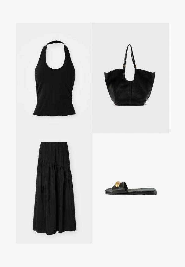 Μαύρο halter top από μαλακό ύφασμα, με στρογγυλή λαιμόκοψη και εφαρμοστή σιλουέτα, με λεία υφή και χωρίς ορατά σχέδια.; Μαύρη φούστα μήκους μέχρι τον αστράγαλο με συλλεγμένο ύφασμα και διαγώνια ραφή μπροστά.; Μαύρη δερμάτινη σαγιονάρα με επίπεδη σόλα, που διαθέτει μια μεγάλη χρυσή μεταλλική λεπτομέρεια στη λουρί. Λείος υφής, μινιμαλιστικός σχεδιασμός.; Μαύρη τσάντα tote από δέρμα με ευρύ ανοιχτό επάνω μέρος και ρυθμιζόμενους ιμάντες ώμου με χρυσά αγκράφες, παρουσιασμένη σε απλό φωτεινό φόντο.