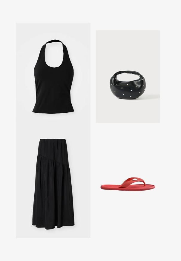 Μαύρο halter top από μαλακό ύφασμα, με στρογγυλή λαιμόκοψη και εφαρμοστή σιλουέτα, με λεία υφή και χωρίς ορατά σχέδια.; Μαύρη φούστα μήκους μέχρι τον αστράγαλο με συλλεγμένο ύφασμα και διαγώνια ραφή μπροστά.; Κόκκινη σαγιονάρα από λάστιχο με υφή στο πέλμα και φαρδιά λουρίδα, εμφανίζεται σε προφίλ στο λευκό φόντο.; Μαύρη δερμάτινη τσάντα χειρός με στρογγυλεμένο σχήμα, διακοσμημένη με ασημένιες λεπτομέρειες με καρφιά και κοντή λαβή. Λείο υλικό και κλείσιμο με φερμουάρ.