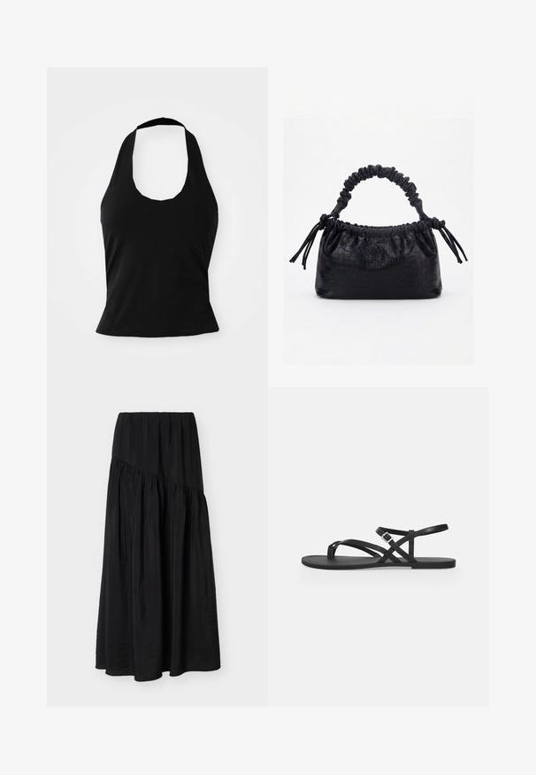 Haut halter noir en tissu doux, avec un col rond et une silhouette ajustée, à la texture lisse et sans motifs visibles.; Jupe noire longueur cheville avec tissu plissé et détail de couture diagonale à l'avant.; Sandale plate noire avec fines brides, boucle réglable à la cheville et bride pour l’orteil sur un fond gris clair uni.; Sac à main noir avec texture crocodile, bord supérieur froncé, poignée plissée et pompons à cordon de chaque côté sur fond blanc.