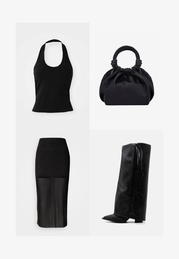 Black halter top made of soft fabric, featuring a scoop neckline and a fitted silhouette, with a smooth texture and no visible patterns.; Black midi skirt with a fitted waistband, featuring a sheer lower panel. Smooth texture with a sleek silhouette and no visible patterns.; Black leather knee-high boot with pointed toe and decorative fringe along the outer side against a plain white background.; Black soft fabric handbag with gathered top and circular padded handles tied with knots on each side.