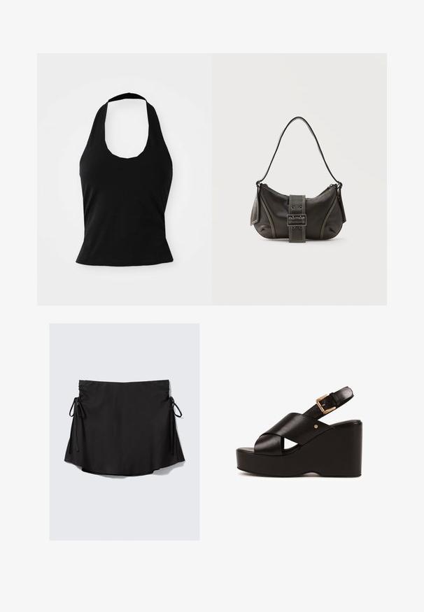 Μαύρο halter top από μαλακό ύφασμα, με στρογγυλή λαιμόκοψη και εφαρμοστή σιλουέτα, με λεία υφή και χωρίς ορατά σχέδια.; Μαύρη φούστα από ύφασμα με απαλή υφή, με ρυθμιζόμενα κορδόνια σε κάθε πλευρά και καμπυλωτή ραφή. Απλός, μοντέρνος σχεδιασμός.; Μαύρο πλατφόρμα δερμάτινο σανδάλι με σταυρωτά λουριά μπροστά, ρυθμιζόμενο χρυσό αγκράφα στον αστράγαλο και χοντρή σόλα πλατφόρμας.; Μαύρη δερμάτινη τσάντα ώμου με λεπτομέρεια ιμάντα με πόρπη, καμπυλωτές άκρες και αντίθετη λευκή ραφή σε απλό φόντο.