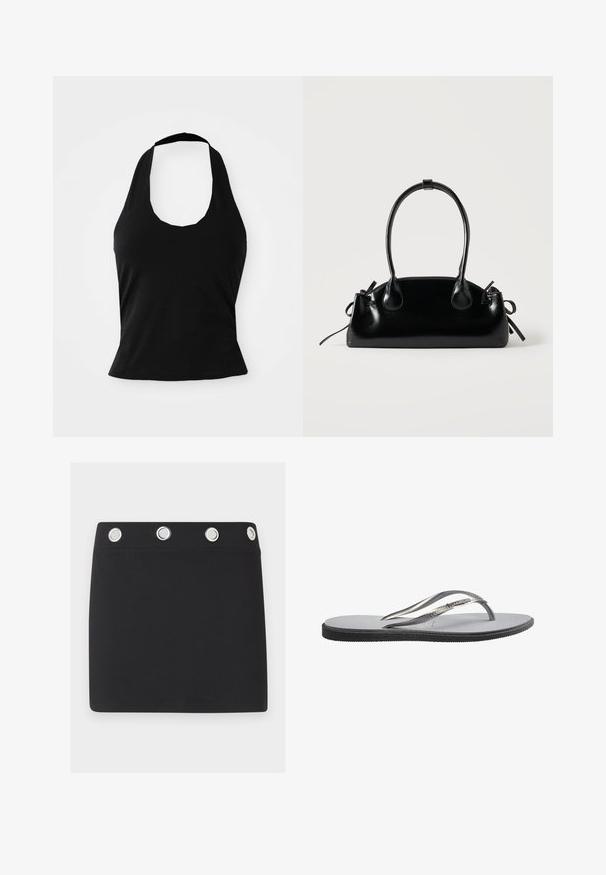 Μαύρο halter top από μαλακό ύφασμα, με στρογγυλή λαιμόκοψη και εφαρμοστή σιλουέτα, με λεία υφή και χωρίς ορατά σχέδια.; Μαύρη μίνι φούστα με φαρδιά ζώνη μέσης που διαθέτει τέσσερα μεγάλα ασημένια μεταλλικά κρίκους, τοποθετημένα ομοιόμορφα στην επάνω άκρη.; Ένα ασημένιο και λευκό σαγιονάρι με υφή στο πέλμα και σχέδια στα λουράκια, εμφανίζεται από πλάγια όψη σε λευκό φόντο.; Μικρή μαύρη γυαλιστερή τσάντα με δύο μακριές λαβές και λεπτομέρειες με ρυθμιζόμενο κορδόνι στο πλάι σε απλό ανοιχτό φόντο.