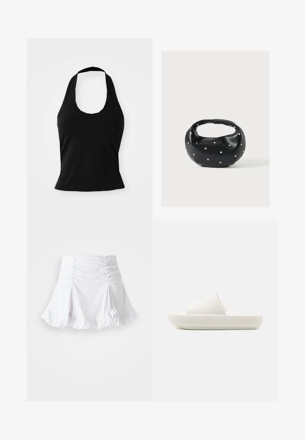 Haut halter noir en tissu doux, avec un col rond et une silhouette ajustée, à la texture lisse et sans motifs visibles.; Jupe blanche en tissu texturé avec des détails froncés et un ourlet volanté. Présente un design évasé avec une taille ajustée.; Sandale blanche à semelle plate avec une sangle texturée et une semelle ronde et surélevée. Le matériau semble lisse et durable avec un motif subtil.; Sac à main en cuir noir de forme arrondie, décoré de clous argentés et équipé d'une poignée courte. Texture lisse et fermeture éclair.