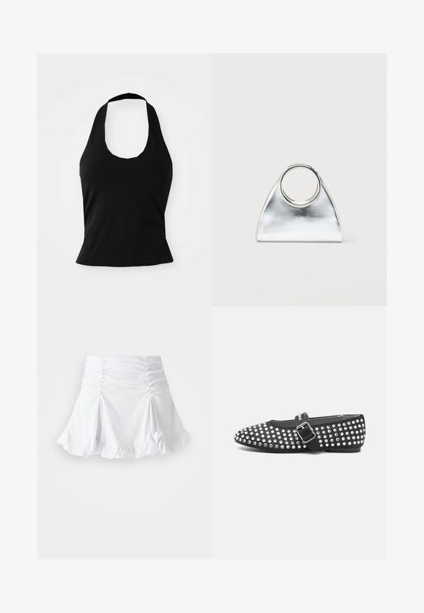 Haut halter noir en tissu doux, avec un col rond et une silhouette ajustée, à la texture lisse et sans motifs visibles.; Jupe blanche en tissu texturé avec des détails froncés et un ourlet volanté. Présente un design évasé avec une taille ajustée.; Chaussure plate noire à bout arrondi, dotée d'un design studded avec des accents métalliques et d'une sangle à boucle sur le cou-de-pied.; Sac à main triangulaire métallique argenté avec poignée métallique ronde, placé sur un fond blanc uni.