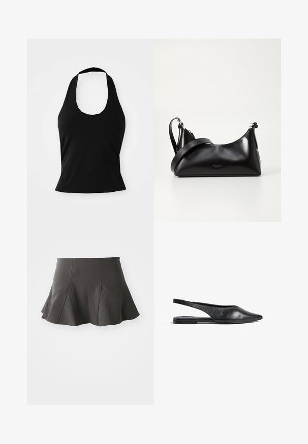 Top negro tipo halter hecho de una tela suave, con un escote redondeado y una silueta ajustada, con una textura lisa y sin patrones visibles.; Falda negra acampanada con una cintura ajustada, que presenta costuras verticales y una textura suave. El dobladillo es ligeramente curvado y queda por encima del muslo.; Bailarinas de piel negra con tira en el talón y punta afilada, de diseño minimalista. Cuentan con un perfil elegante y un tacón delgado para mayor estabilidad.; Bolso de mano de cuero negro con una textura suave. Cuenta con una correa ajustable y un diseño elegante y minimalista con cierre de cremallera.