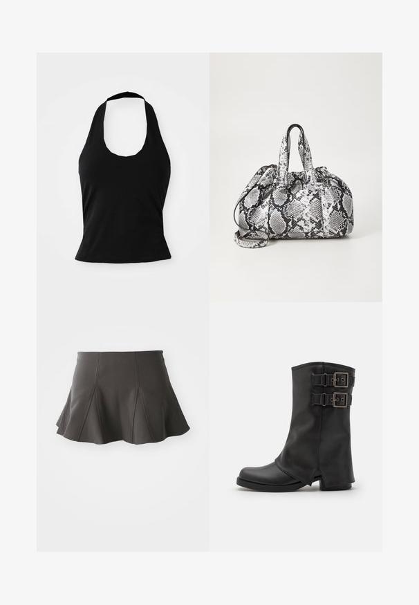 Μαύρο halter top από μαλακό ύφασμα, με στρογγυλή λαιμόκοψη και εφαρμοστή σιλουέτα, με λεία υφή και χωρίς ορατά σχέδια.; Μαύρη φλοράλ φούστα με εφαρμοστό μέσο, με κατακόρυφες ραφές και απαλό υλικό. Η γραμμή του τελειώματος είναι ελαφρώς καμπυλωτή και φτάνει ακριβώς πάνω από το γόνατο.; Even&Odd by Zalando Μπότες cowboy/Biker - black; Μαύρη και άσπρη τσάντα χειρός με σχέδιο φίδι, δύο λαβές, κλείσιμο με κορδόνι και αποσπώμενο ιμάντα ώμου. Λεία υφή.