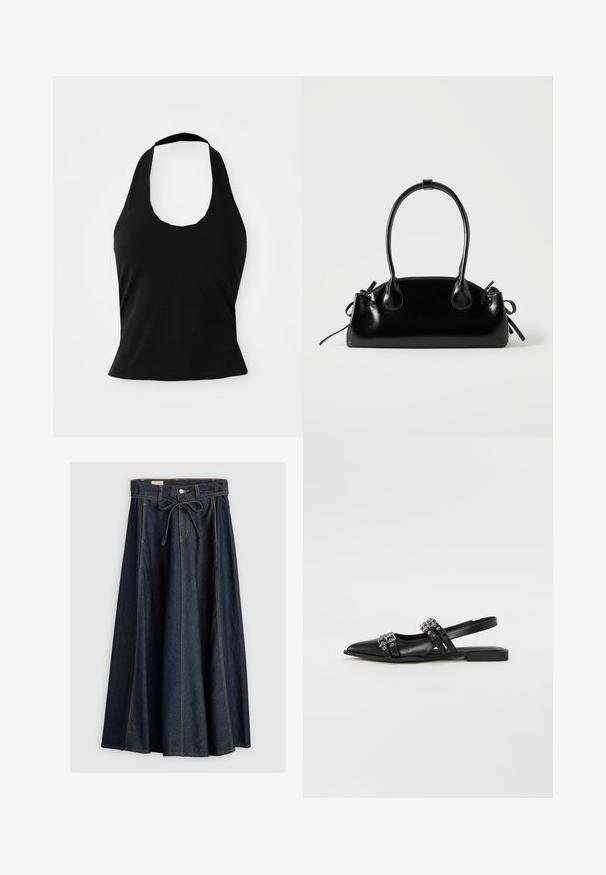 Haut halter noir en tissu doux, avec un col rond et une silhouette ajustée, à la texture lisse et sans motifs visibles.; Levi's® XL SKIRT - Jupe en jean - square circle; Even&Odd by Zalando Ballerines à brides arrière - black; Petit sac à main noir brillant avec deux longues anses et des détails à cordon sur les côtés sur un fond clair uni.