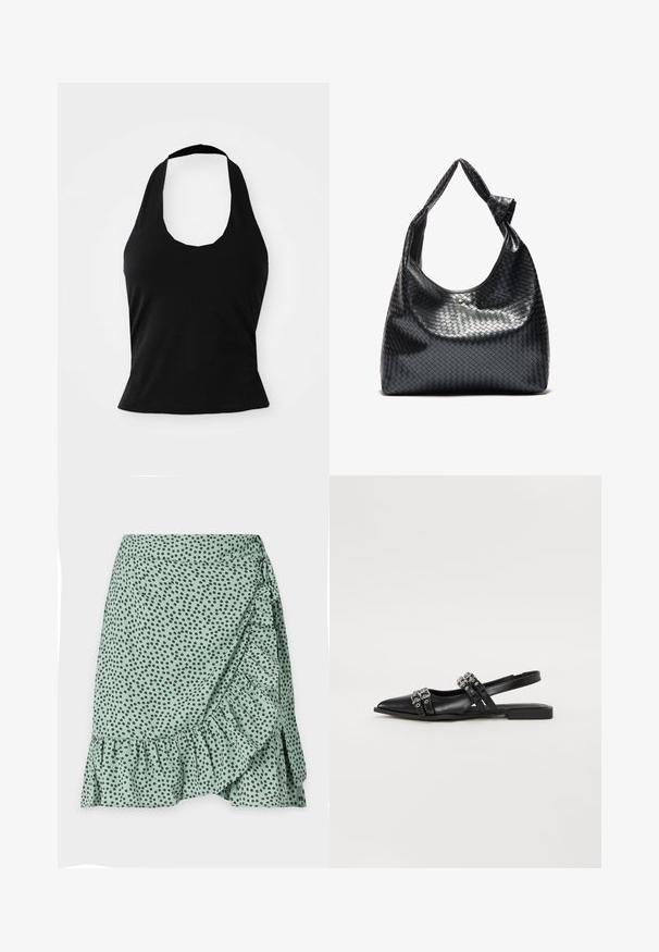 Haut halter noir en tissu doux, avec un col rond et une silhouette ajustée, à la texture lisse et sans motifs visibles.; Jupe en tissu vert avec un motif à pois noirs, ourlet volé et design enroulé sur le côté. Texture lisse et matériau léger.; Even&Odd by Zalando Ballerines à brides arrière - black; Sac à main en cuir tissé noir au design décontracté, avec une sangle nouée et une petite clou doré décoratif en haut.