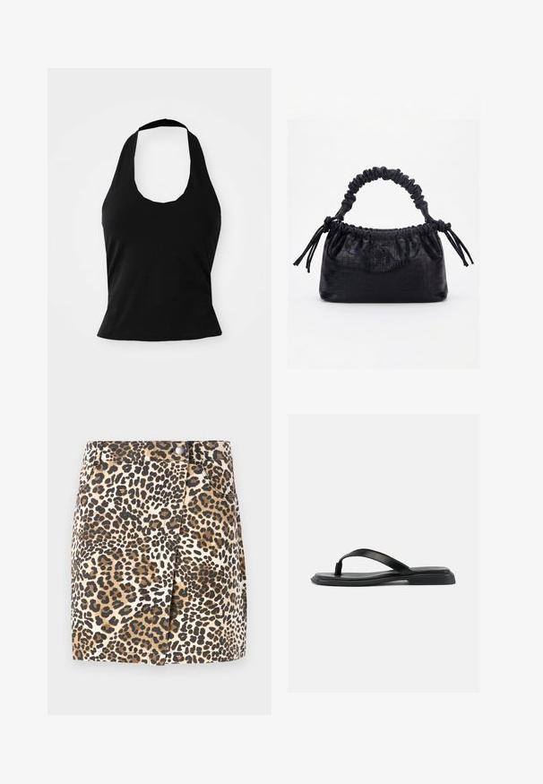 Haut halter noir en tissu doux, avec un col rond et une silhouette ajustée, à la texture lisse et sans motifs visibles.; JDY JDYRAY Short - Minijupe - pumice stone; Sandale noire plate en forme de tongs avec une bride texturée et un talon légèrement surélevé, montrée en profil latéral sur un fond clair uni.; Sac à main noir avec texture crocodile, bord supérieur froncé, poignée plissée et pompons à cordon de chaque côté sur fond blanc.
