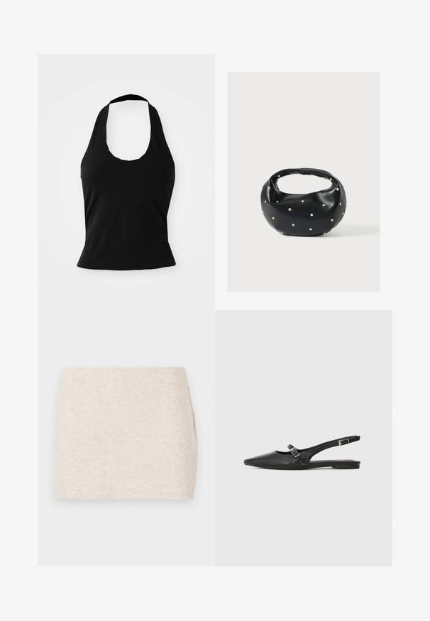 Sort halterneck top lavet af blød stof, med en scoop halsudskæring og en tætsiddende silhuet, med en glat tekstur og uden synlige mønstre.; Beige linnedyr med et minimalistisk design, der har en glat tekstur og en subtil vævning. Det har en lige, simpel skæring uden synlige lukninger.; Sorte læder slingback-sko med spids tå, med en smal rem og en sølvspænde-detalje på siden. Flad sål.; Sort læderhåndtaske med en rundet form, dekoreret med sølvnitter, og et kort håndtag. Glat tekstur og lynlåslukning.