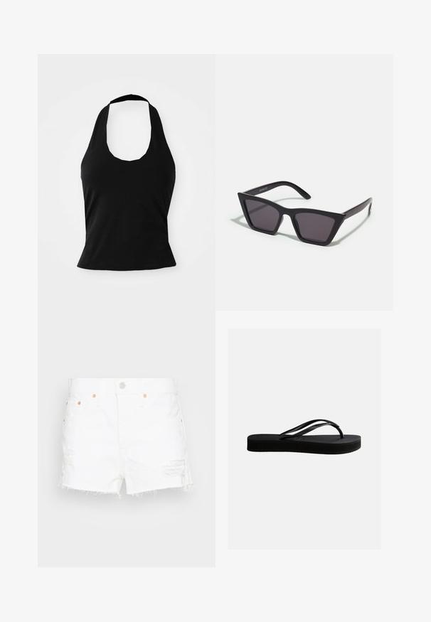 Top negro tipo halter hecho de una tela suave, con un escote redondeado y una silueta ajustada, con una textura lisa y sin patrones visibles.; Shorts de mezclilla blanca con dobladillo deshilachado, con parches desgastados y detalles en tono cobre. Incluye bolsillos frontales y cierre de botón.; Chancla negra de goma con suela texturizada y correa en forma de Y, mostrada en vista lateral sobre un fondo liso y claro.; Gafas de sol negras y angulares con lentes grises; fabricadas en plástico, con varillas gruesas de superficie suave y sin herrajes visibles.
