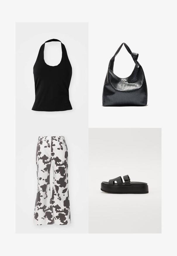 Μαύρο halter top από μαλακό ύφασμα, με στρογγυλή λαιμόκοψη και εφαρμοστή σιλουέτα, με λεία υφή και χωρίς ορατά σχέδια.; Φαρδιά τζιν παντελόνια σε λευκό χρώμα με μαύρο σχέδιο αγελάδας. Διαθέτει πέντε τσέπες, θηλιές ζώνης και κλείσιμο με κουμπί μπροστά. Η υφή φαίνεται ανθεκτική.; Μαύρες πλατφόρμες σανδάλια με δύο φαρδιές ρίγες, κατασκευασμένες από λεία υλικά. Διαθέτουν μια χοντρή σόλα με υφή στο κάτω μέρος για καλύτερη πρόσφυση.; Μαύρη πλεκτή δερμάτινη τσάντα χειρός με χαλαρή σχεδίαση, διαθέτοντας έναν κόμπο για λουράκι και μια μικρή διακοσμητική χρυσή σφαίρα στην κορυφή.