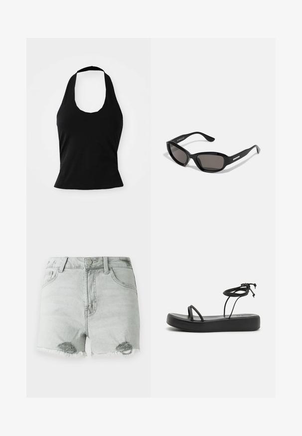 Schwarzes Halftertop aus weichem Stoff, mit einem U-Bootausschnitt und einer figurschmeichelnden Silhouette, glatter Textur und ohne sichtbare Muster.; Hellgraue Denim-Shorts mit hoher Taille, distressed Details und fransigen Säumen sowie zwei Fronttaschen. Der Stoff wirkt weich und abgetragen.; Schwarze flache Sandalen mit einer breiten Sohle, dünnen Riemen und einer verstellbaren Schnürung am Knöchel. Glatte Textur mit minimalistischer Gestaltung.; Schwarze Sonnenbrille mit rechteckigem Rahmen, dunklen Gläsern, glattem Kunststoffmaterial und einem metallischen Akzent am Bügel.