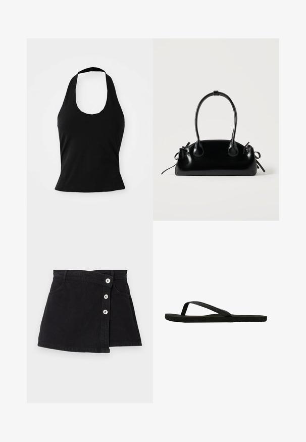Sort halterneck top lavet af blød stof, med en scoop halsudskæring og en tætsiddende silhuet, med en glat tekstur og uden synlige mønstre.; Sort denimskørt med høj talje, der har et omslag design, fem sølvknapper på den ene side og to sidelommer. Glat tekstur.; Sort flip-flop med en struktureret rem og flad sål. Remmen har en subtil glans. Enkel design, letvægts og fleksibel form.; Lille sort blank håndtaske med to lange håndtag og snøre-detaljer i siden på en ensfarvet lys baggrund.