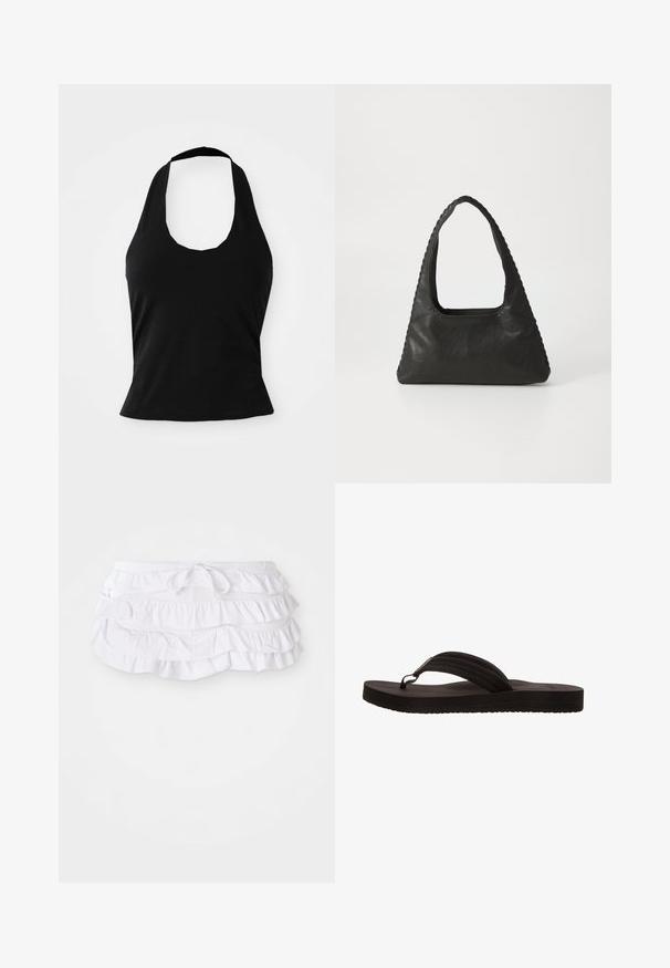 Top negro tipo halter hecho de una tela suave, con un escote redondeado y una silueta ajustada, con una textura lisa y sin patrones visibles.; Falda de baño blanca con volantes y múltiples capas, que presenta una cintura con cordón para ajustar. Tela suave con una textura lisa.; Chancla negra con suela de goma, que presenta un diseño de sola tira con tres ranuras horizontales. Textura plana y suave sin patrones adicionales.; Bolso de cuero negro con forma triangular, un gran asa recortada y costuras detalladas a lo largo de los bordes. Textura suave.
